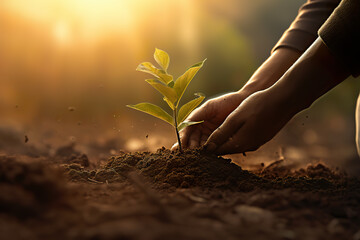 Fototapeta premium human hand stokes the soil to plant a seed