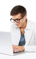 Geek, business man typing on laptop at desk or coding software isolated on a white background. Happy nerd in glasses on computer at table, technology or IT programmer writing email or database info