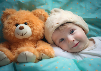 baby lying next to a teddy bear