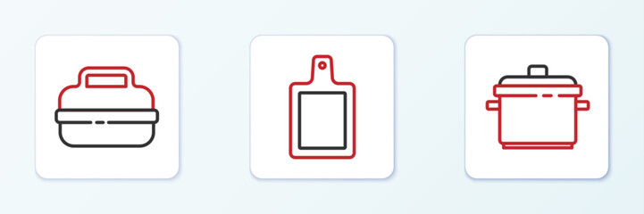 Set line Cooking pot, and Cutting board icon. Vector
