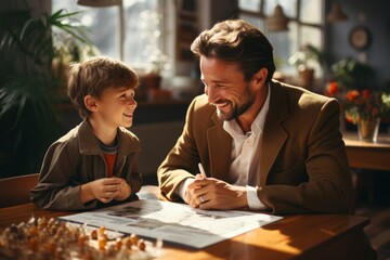 Young Caucasian father helps his little son prepare homework. Caring dad and small boy sitting at table with open notebook, doing home task, learning together. Family education and communication.