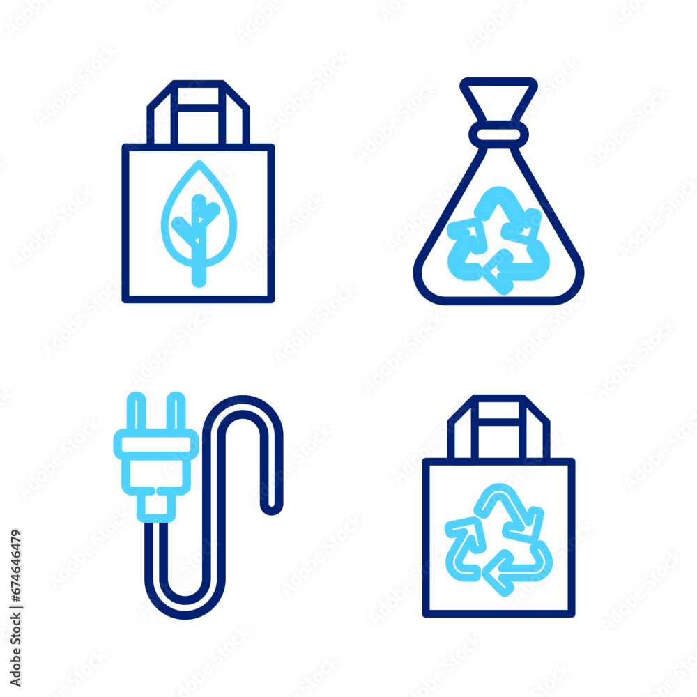 Poster Set line Paper bag with recycle, Electric plug, Garbage and Shopping icon. Vector