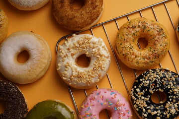 Donut with various flavor top view flat food photography