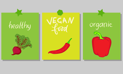Motivational vertical poster with Vegan Food lettering decorated with vegetables, berries, greens and fruits. Flat vector illustration of vegetarian placard or card with place for text