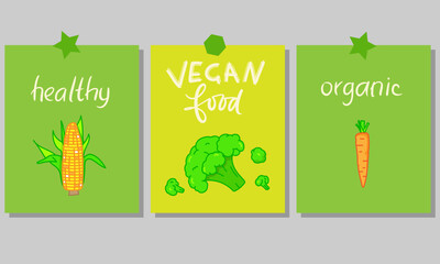 Motivational vertical poster with Vegan Food lettering decorated with vegetables, berries, greens and fruits. Flat vector illustration of vegetarian placard or card with place for text