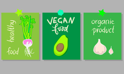 Motivational vertical poster with Vegan Food lettering decorated with vegetables, berries, greens and fruits. Flat vector illustration of vegetarian placard or card with place for text