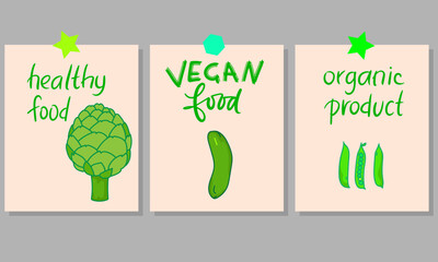 Motivational vertical poster with Vegan Food lettering decorated with vegetables, berries, greens and fruits. Flat vector illustration of vegetarian placard or card with place for text