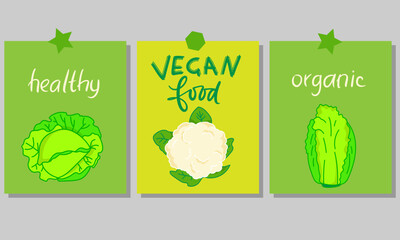 Motivational vertical poster with Vegan Food lettering decorated with vegetables, berries, greens and fruits. Flat vector illustration of vegetarian placard or card with place for text