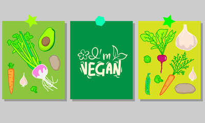 Motivational vertical poster with I'm Vegan lettering decorated with vegetables, berries, greens and fruits. Flat vector illustration of vegetarian placard or card with place for text
