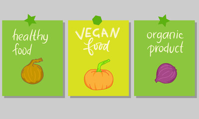 Motivational vertical poster with Vegan Food lettering decorated with vegetables, berries, greens and fruits. Flat vector illustration of vegetarian placard or card with place for text