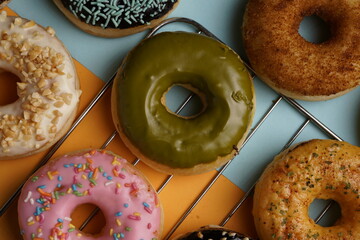 Donut with various flavor top view flat food photography