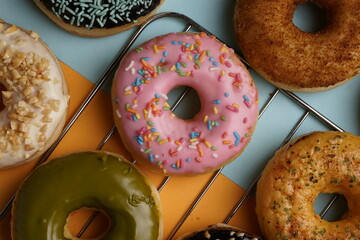 Donut with various flavor top view flat food photography