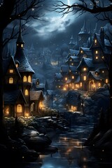 Fairytale scene with haunted castle and moonlight. Digital painting.