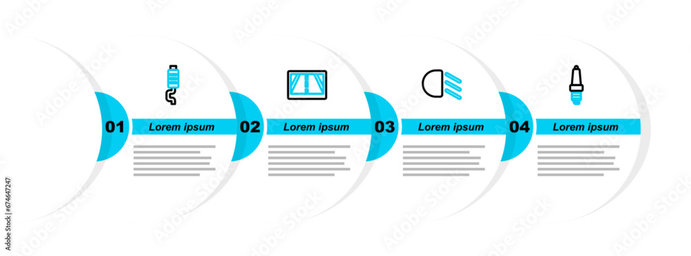 Poster set line car spark plug, high beam, gps device with map and muffler icon. vector