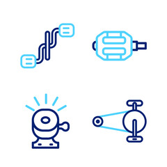 Set line Bicycle chain with gear, bell, pedal and pedals icon. Vector
