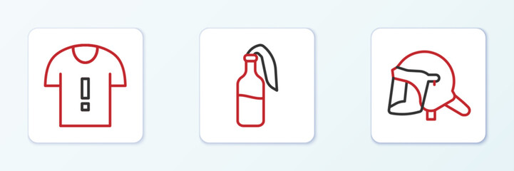 Set line Police helmet, T-shirt protest and Cocktail molotov icon. Vector