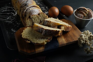 Chocolate Bread and butter cake with black background
