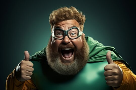 Comic portrait of a fat redhead bearded man in green superhero costume with funny glasses. The screaming dude portrays a powerful Irish Superman and gives a thumbs up. Black background, copy space.
