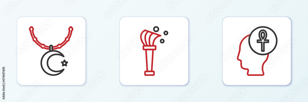 Poster set line cross ankh, star and crescent on chain and aspergillum icon. vector