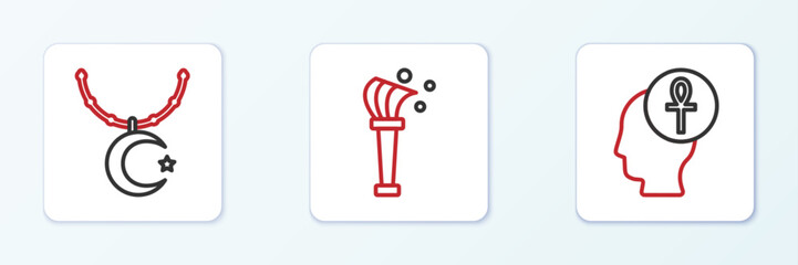 Set line Cross ankh, Star and crescent on chain and Aspergillum icon. Vector