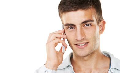 Man, portrait and phone call with space in studio for contact, networking and conversation on white background. Face of model with smartphone for mobile communication, chat and discussion at mockup