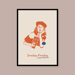 Minimalist hand drawn woman silhouette with beverage vector print poster. Art for postcards, branding, logo design, background.