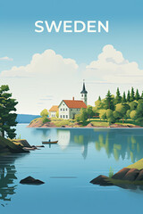 Sweden vintage travel poster. How AI sees vacation in this country.