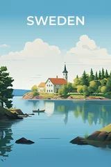 Schilderijen op glas Sweden vintage travel poster. How AI sees vacation in this country. © Marja
