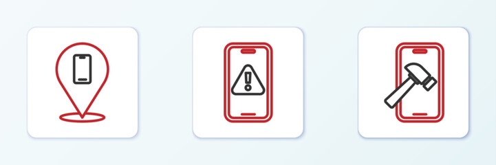 Set line Mobile with broken screen, Phone repair service and exclamation mark icon. Vector