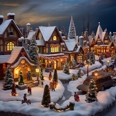 Miniature Christmas village in the snow at night. Christmas and New Year concept.