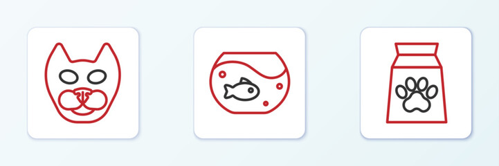 Set line Bag of food for pet, Cat and Aquarium with fish icon. Vector