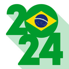 Happy New Year 2024 long shadow banner with Brazil flag inside. Vector illustration.