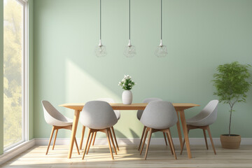 Fototapeta na wymiar Modern Dining Room in Scandinavian Style - Pastel Green Wall and Wooden Furniture