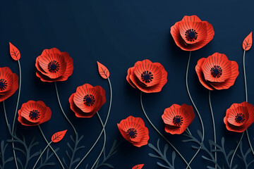 Red poppies on blue background. Remembrance Day, Armistice Day, Anzac day symbol. Paper cut art style