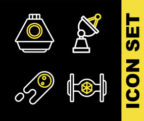 Set line Satellite dish, Cosmic ship, Comet falling down fast and Space capsule icon. Vector