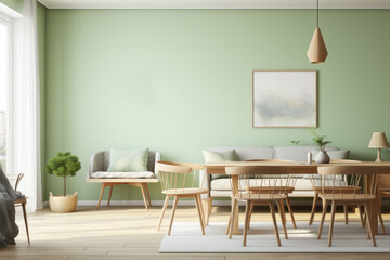 Modern Dining Room in Scandinavian Style - Pastel Green Wall and Wooden Furniture