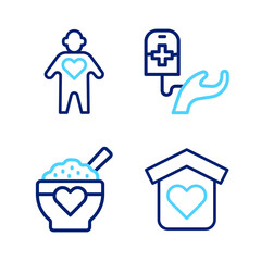 Set line Shelter for homeless, Donation food, Blood donation and Volunteer icon. Vector