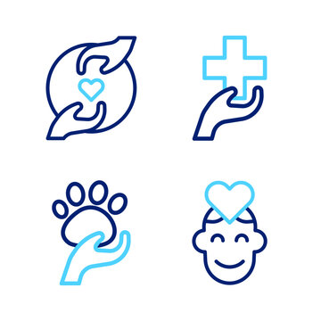 Set line Volunteer, Animal volunteer, Heart with cross and Pleasant relationship icon. Vector