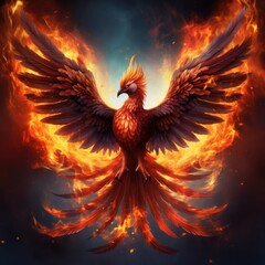 Obraz premium flying red burning bird phoenix with wire wings rebirth