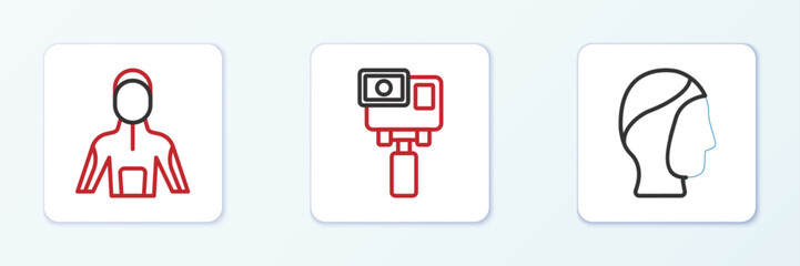 Set line Diving hood, Wetsuit for scuba diving and Action extreme camera icon. Vector