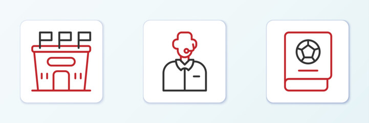 Set line Football learning book, stadium and or soccer commentator icon. Vector