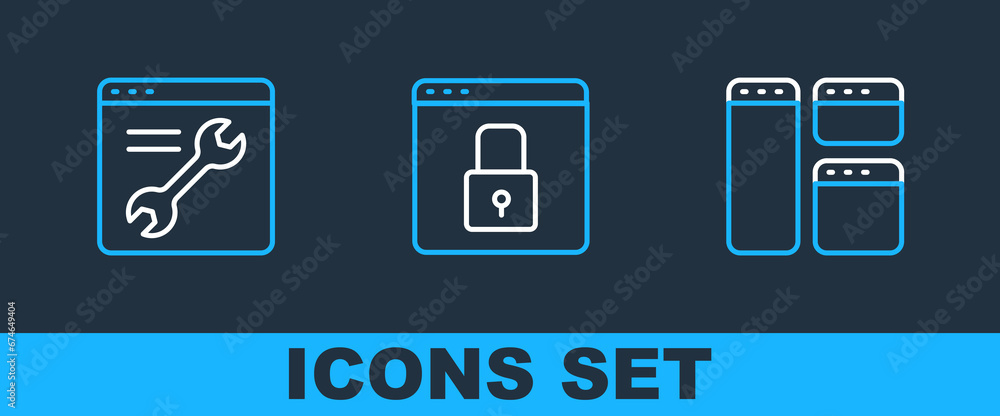 Poster set line browser window, setting and secure your site with https, ssl icon. vector