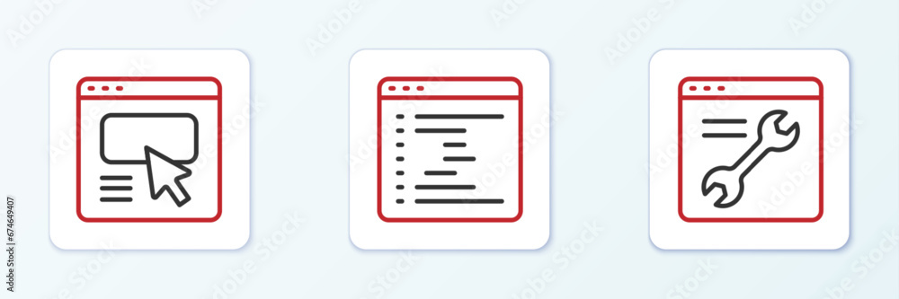 Poster set line browser setting, ui or ux design and window icon. vector