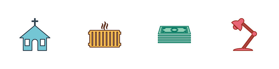 Set Church building, Heating radiator, Stacks paper money cash and Table lamp icon. Vector