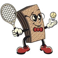 vintage mascot brown wafer character with funny face playing tennis with racket ready to hit the ball, isolated cartoon vector illustration. emoticon, cute vintage wafer mascot