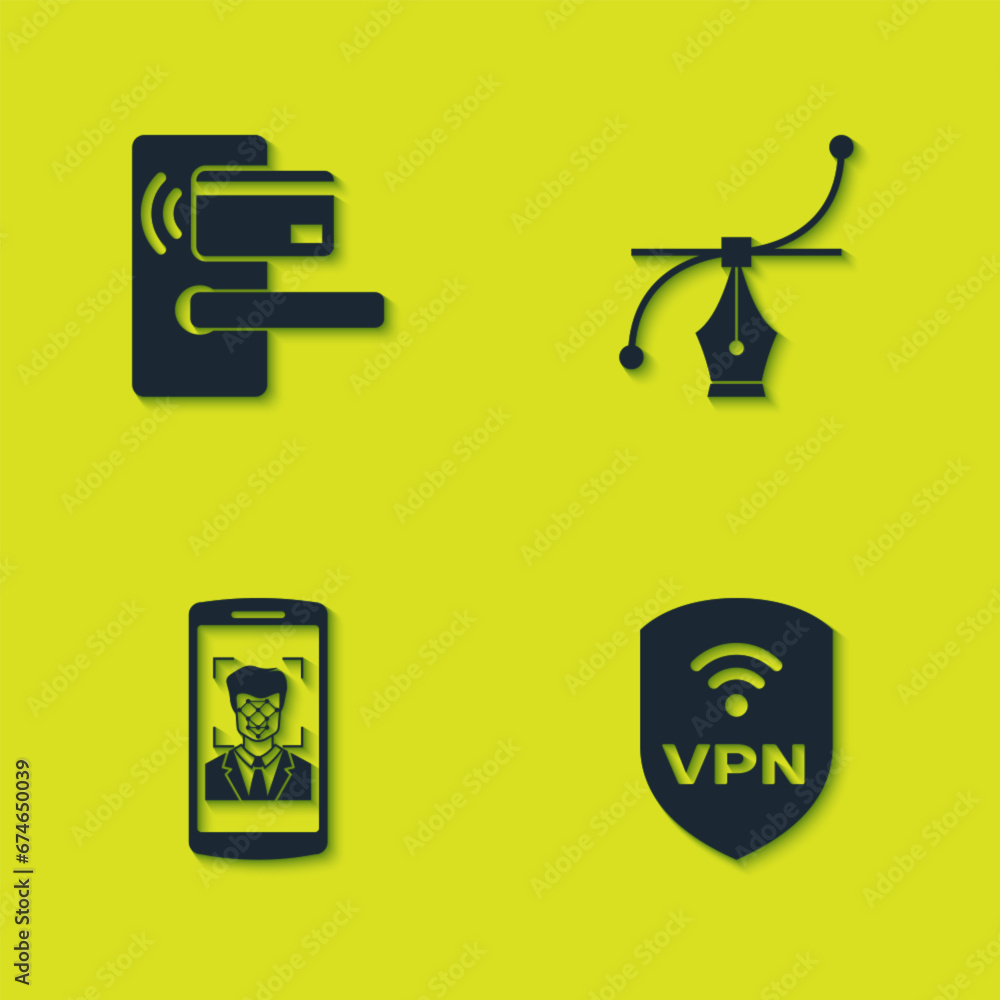 Poster set digital door lock with wireless, shield vpn, mobile and face recognition and bezier curve icon. 