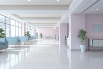 Spacious office space: long light and airy minimalistic hallway with pastel pink and mint green details, hospital waiting room or reception ambiance