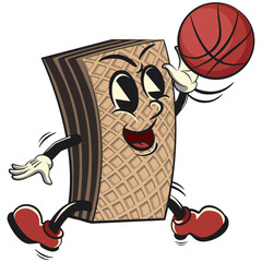 vintage mascot chocolate wafer character with funny face playing basketball doing a jump, isolated cartoon vector illustration. emoticon, cute vintage wafer mascot