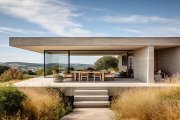 Fototapeta na wymiar modern architecture design: a model of a contemporary creative single-family house with tall windows and concrete optic in the countryside