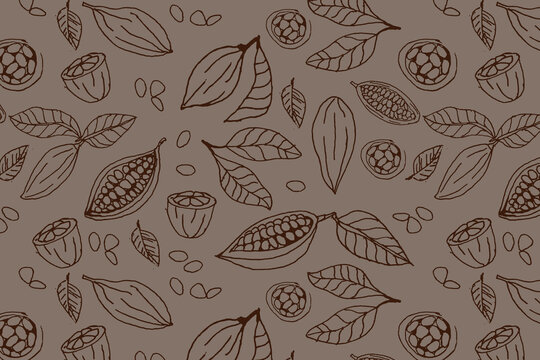 cocoa beans and leaves - seamless pattern